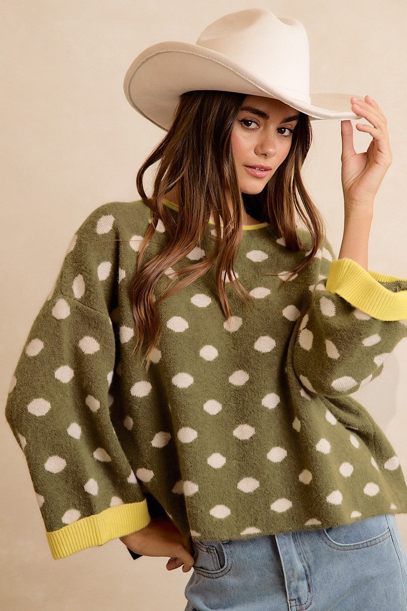Double Take Contrast Trim Polka Dot Sweater - Olive Lemon