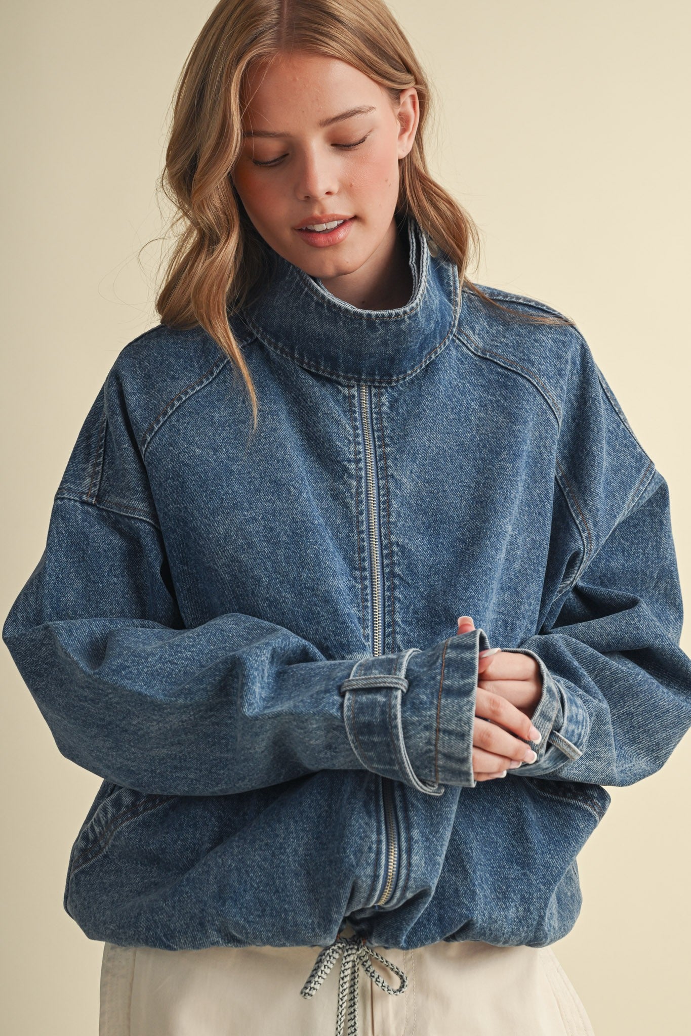Draw the Line Drawstring Denim Jacket in Denim Blue, photo 1