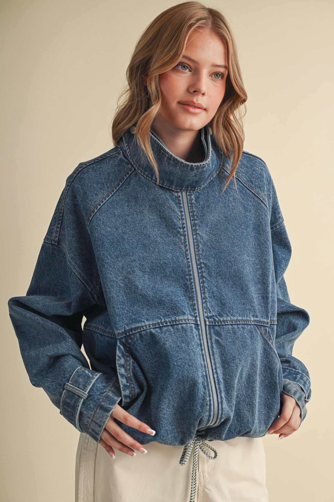 Draw the Line Drawstring Denim Jacket in Denim Blue, photo 3