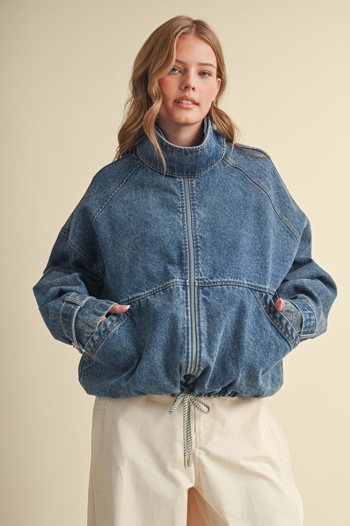 Draw the Line Drawstring Denim Jacket in Denim Blue, photo 4