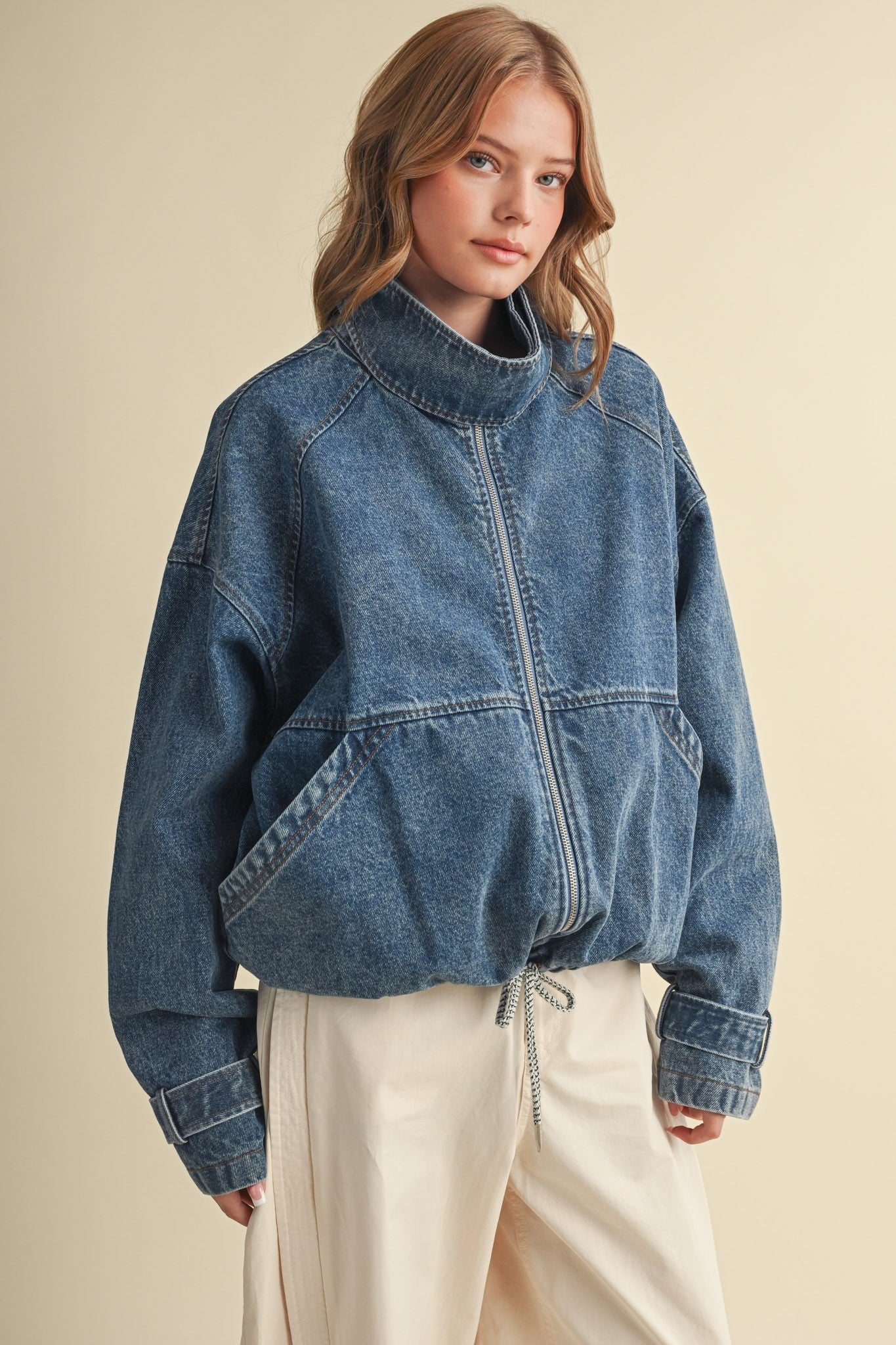 Draw the Line Drawstring Denim Jacket in Denim Blue, photo 5