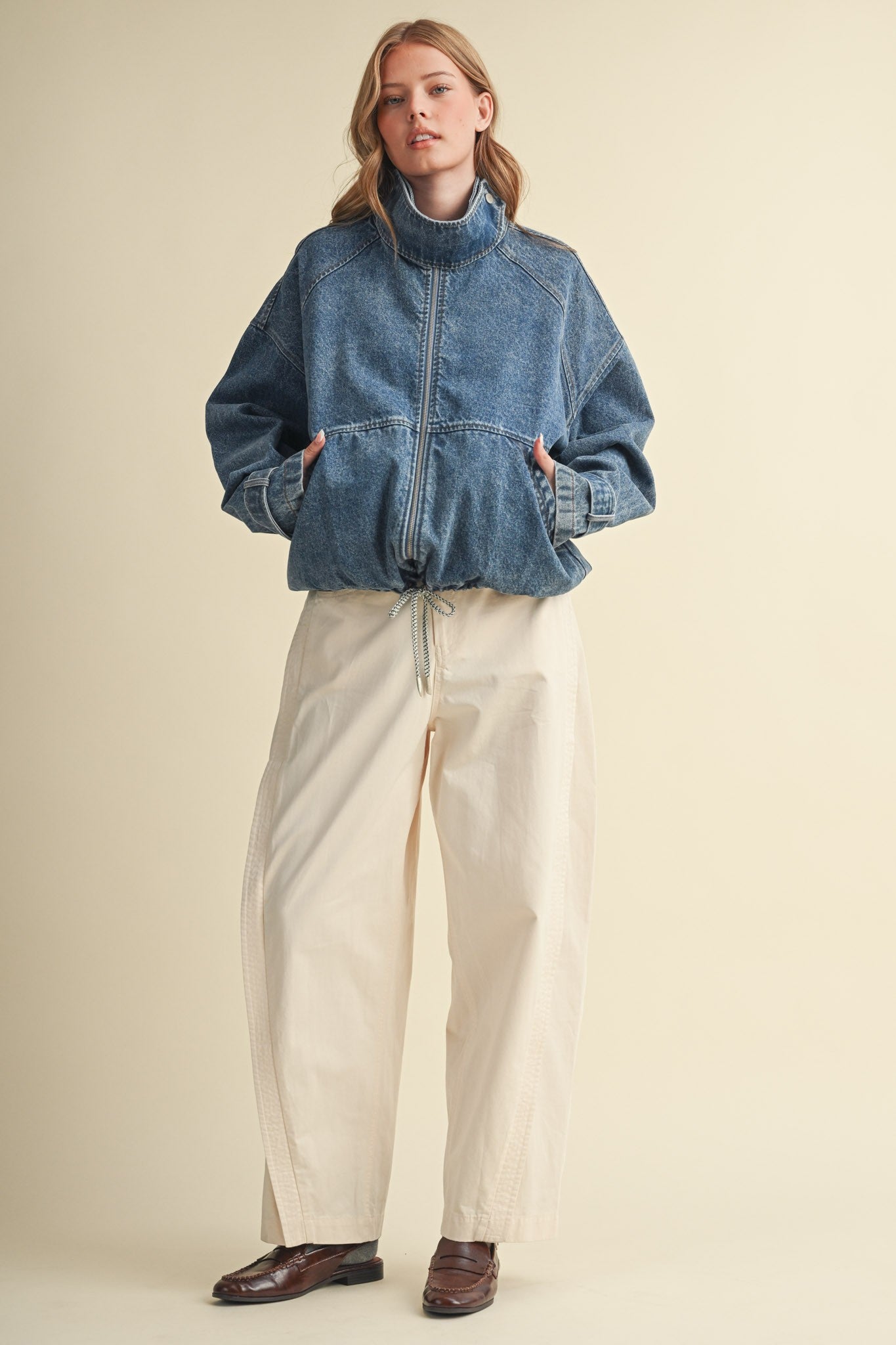 Draw the Line Drawstring Denim Jacket in Denim Blue, photo 12