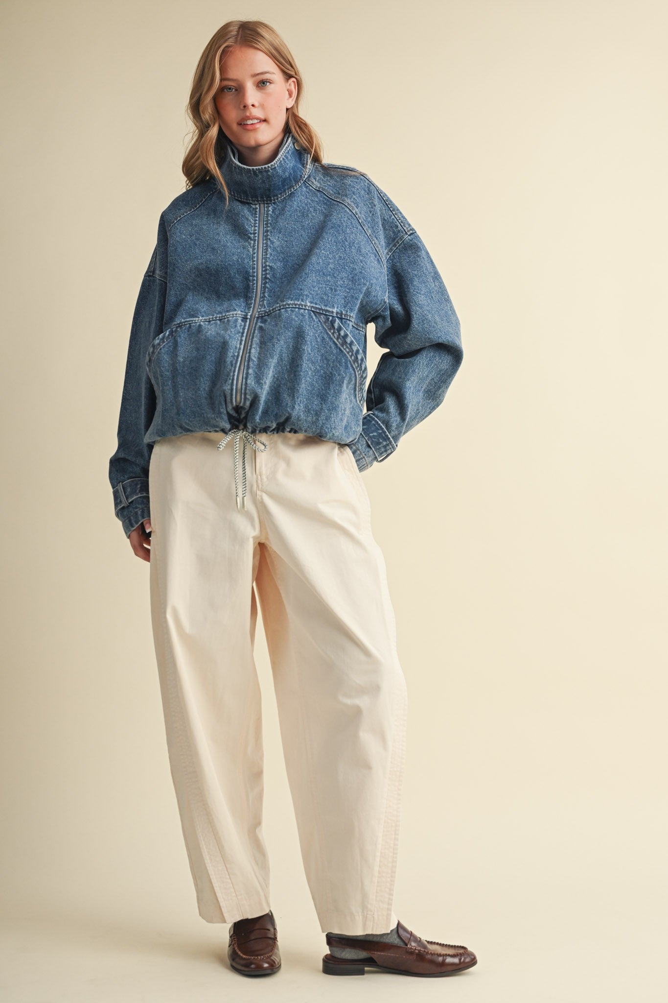 Draw the Line Drawstring Denim Jacket in Denim Blue, photo 14