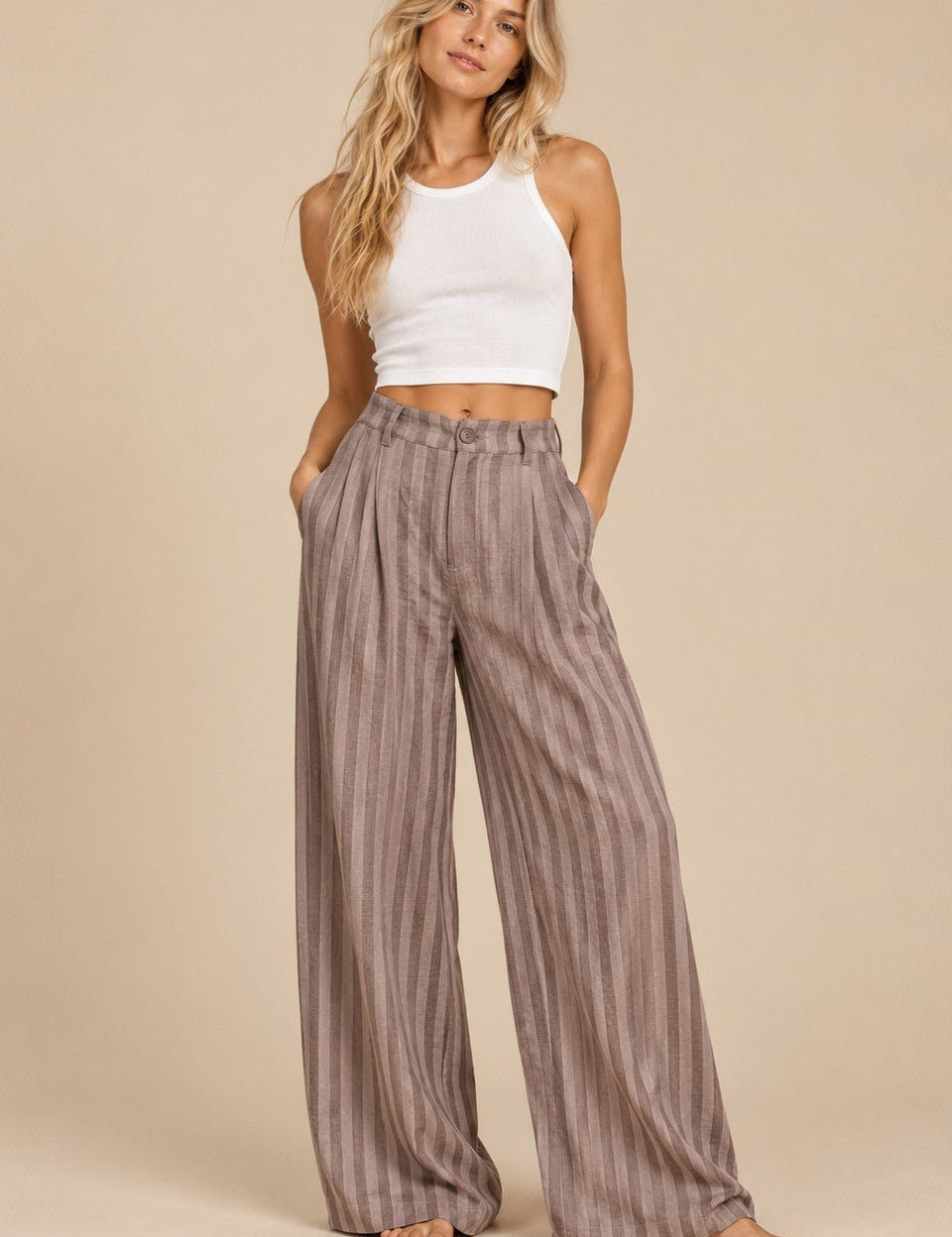 Eastport Pleated Stripe Wide Leg Trousers - Westly