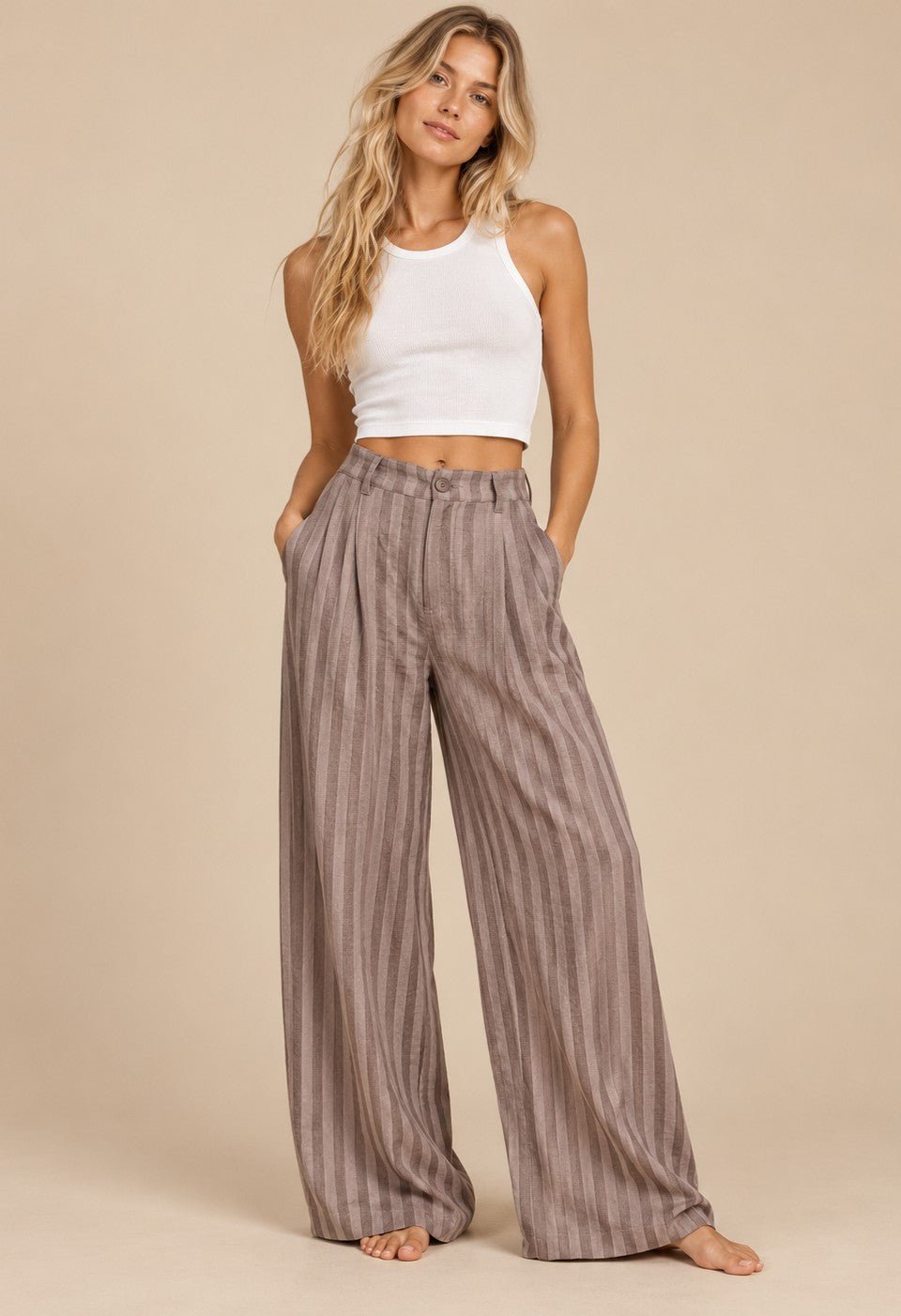 Eastport Pleated Stripe Wide Leg Trousers - Westly