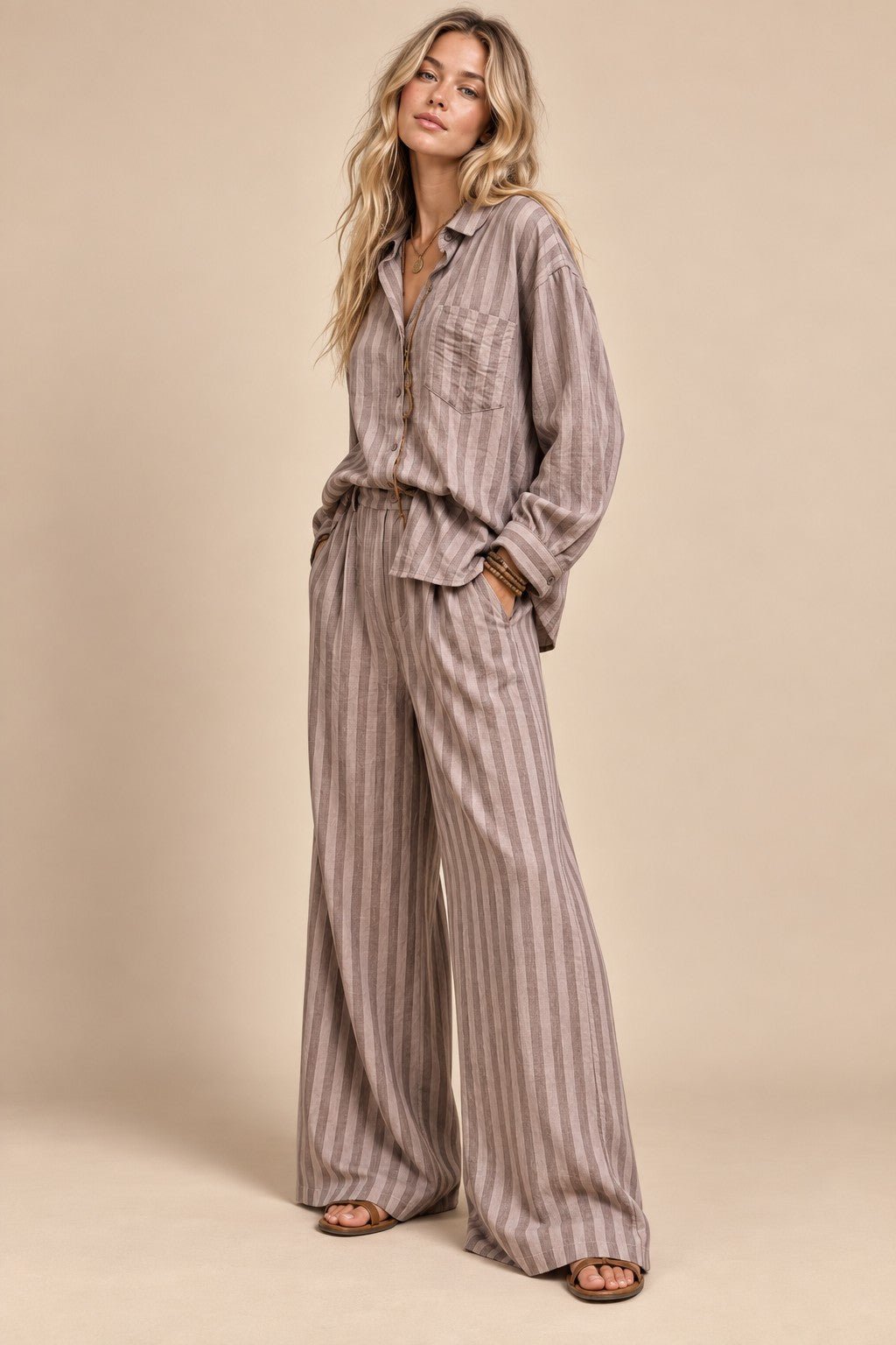 Eastport Pleated Stripe Wide Leg Trousers - Westly