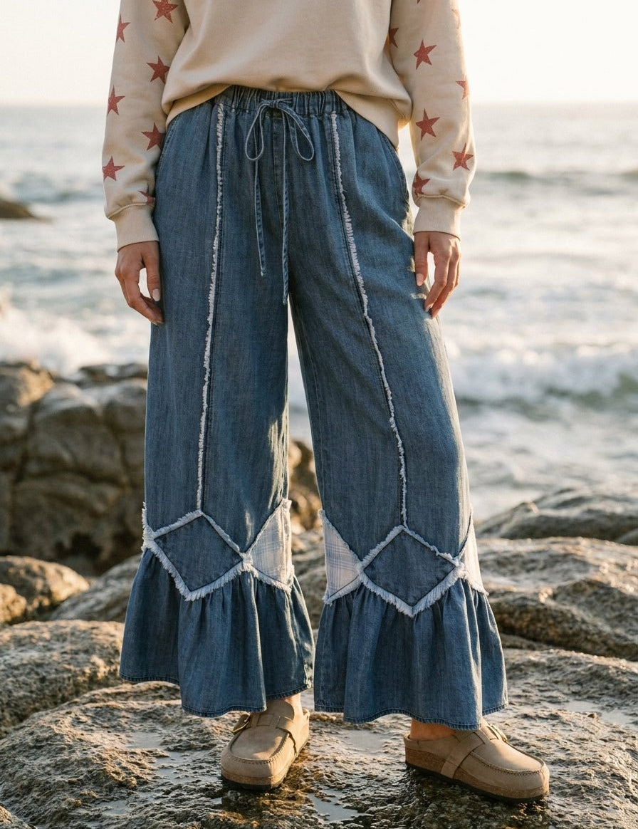 Easy Breezy Ruffle Bottom Washed Chambray Pants - Westly