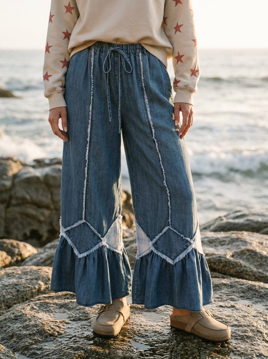 Easy Breezy Ruffle Bottom Washed Chambray Pants - Westly