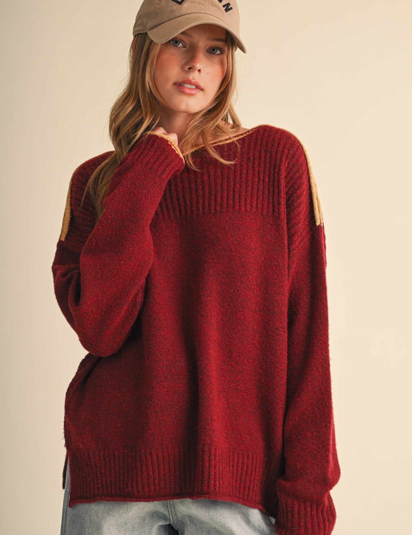Edge Notes Contrast Trim Boat Neck Sweater in Burgundy Gold - product photo 1