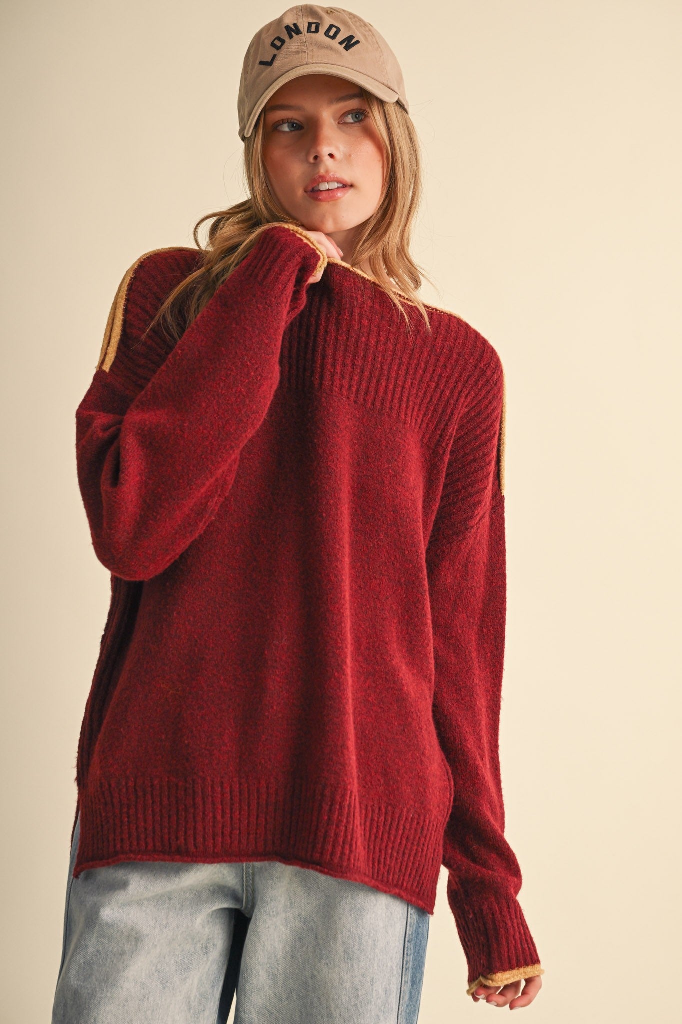Edge Notes Contrast Trim Boat Neck Sweater in Burgundy Gold - product photo 2
