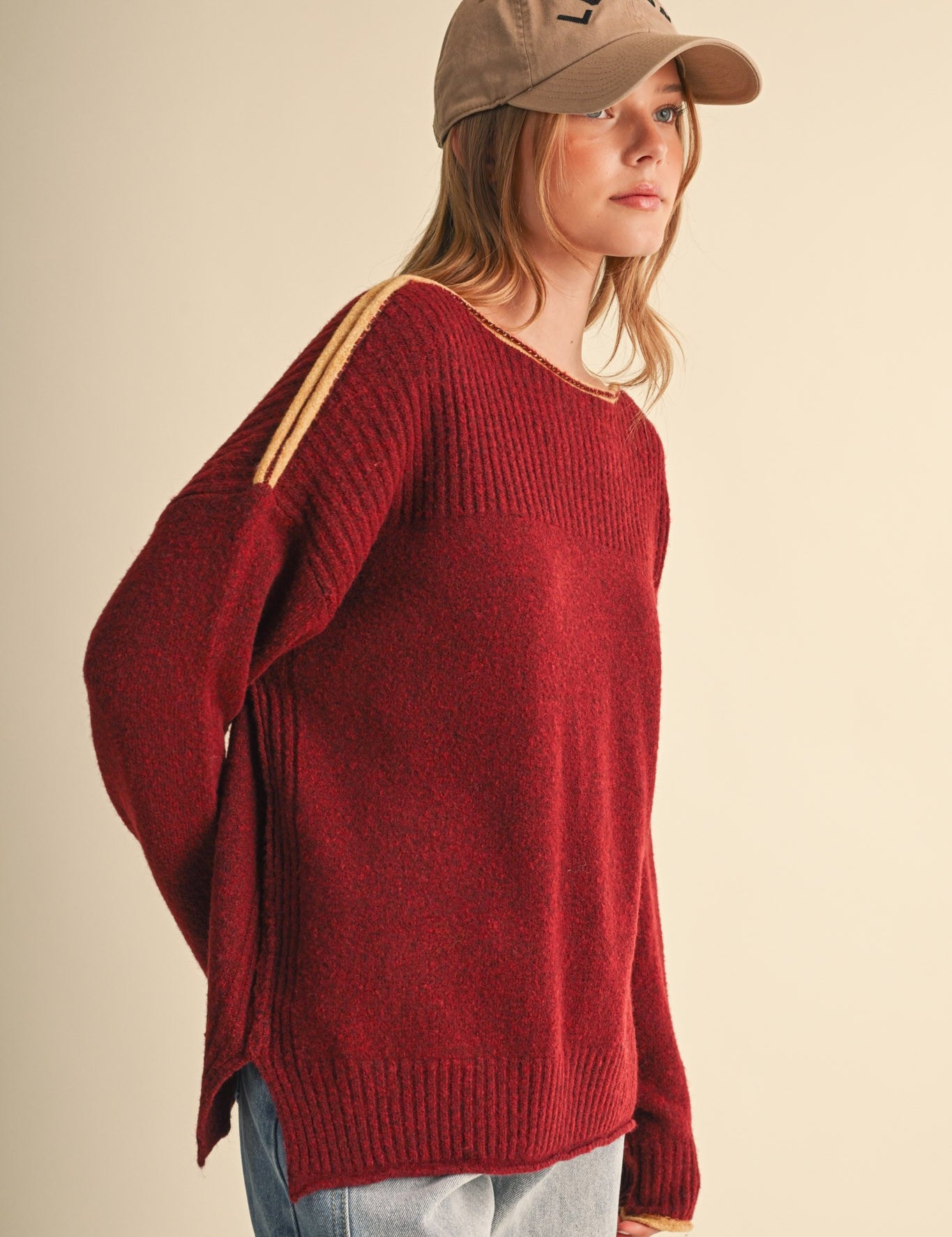 Edge Notes Contrast Trim Boat Neck Sweater in Burgundy Gold - product photo 3