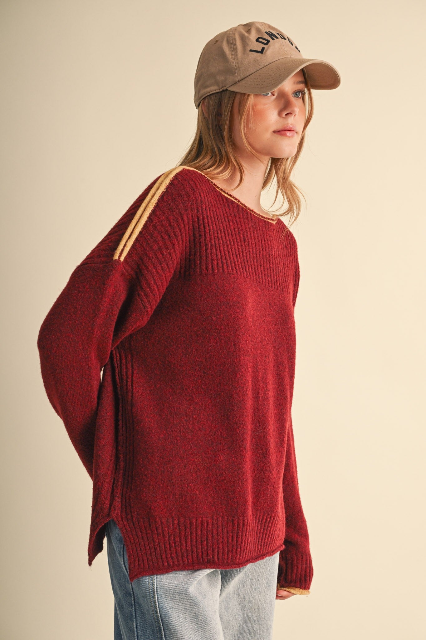 Edge Notes Contrast Trim Boat Neck Sweater in Burgundy Gold - product photo 3