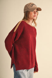 Edge Notes Contrast Trim Boat Neck Sweater in Burgundy Gold - product photo 3