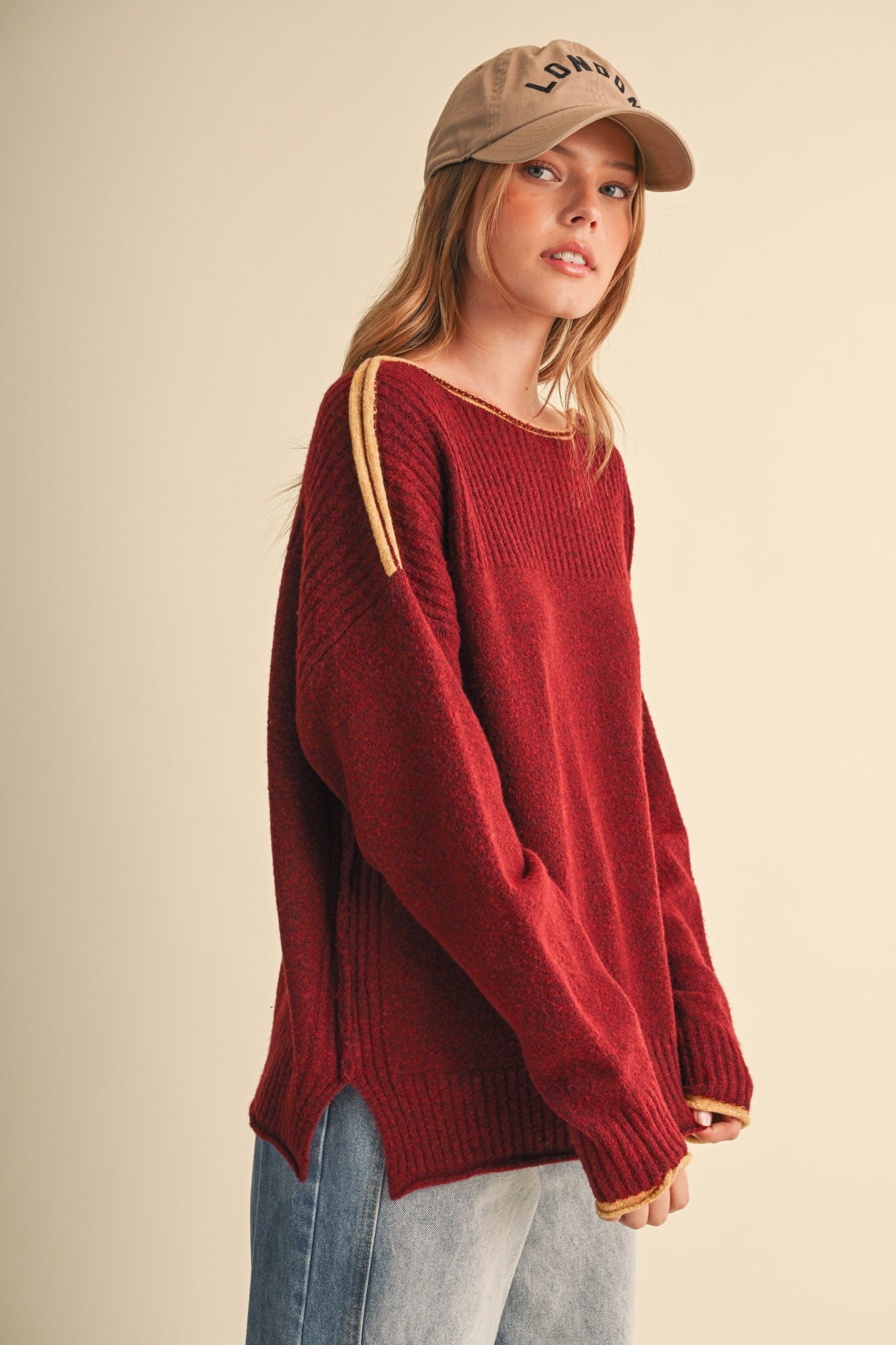 Edge Notes Contrast Trim Boat Neck Sweater in Burgundy Gold - product photo 4