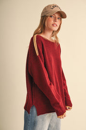 Edge Notes Contrast Trim Boat Neck Sweater in Burgundy Gold - product photo 4