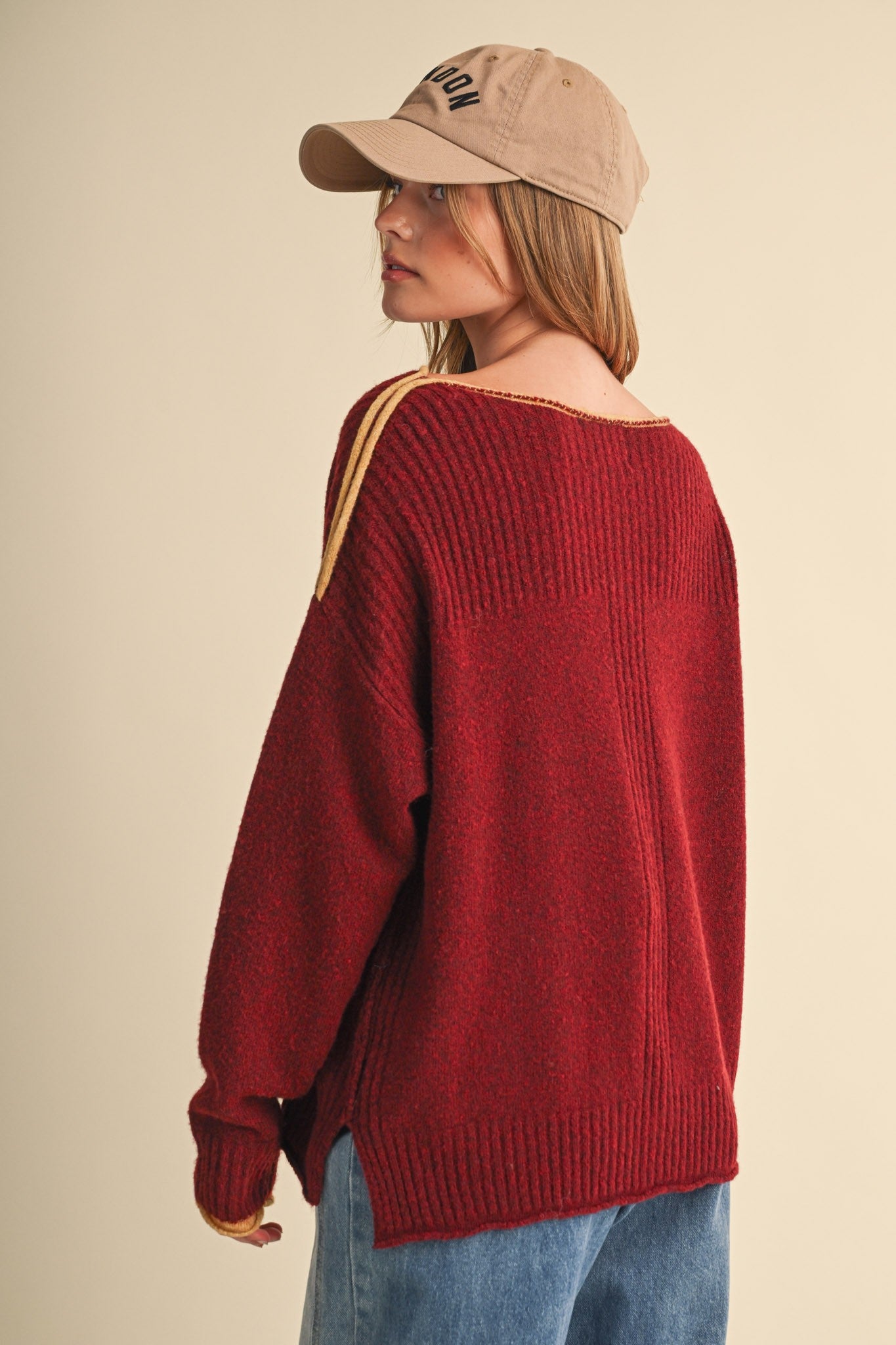 Edge Notes Contrast Trim Boat Neck Sweater in Burgundy Gold - product photo 6