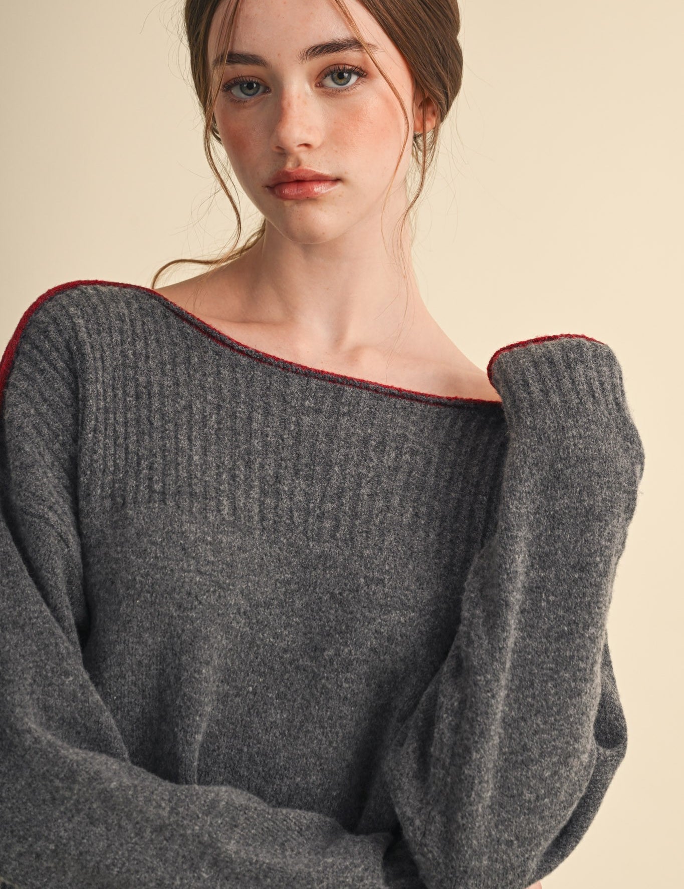 Edge Notes Contrast Trim Boat Neck Sweater in Charcoal Wine - product photo 1