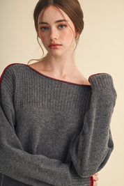 Edge Notes Contrast Trim Boat Neck Sweater in Charcoal Wine - product photo 1