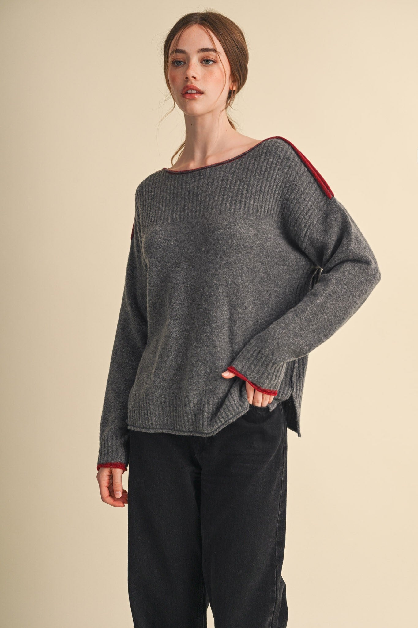 Edge Notes Contrast Trim Boat Neck Sweater in Charcoal Wine - product photo 2