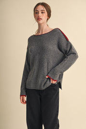 Edge Notes Contrast Trim Boat Neck Sweater in Charcoal Wine - product photo 2