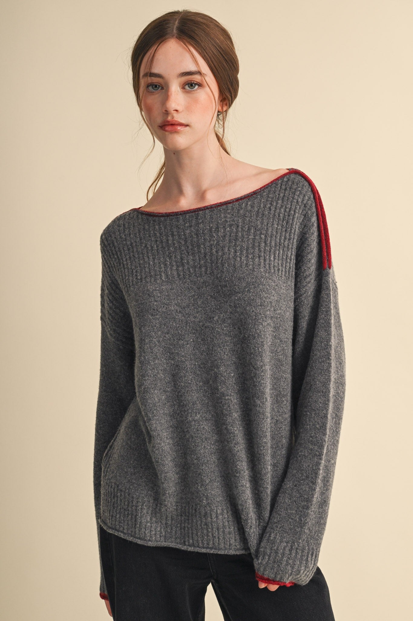Edge Notes Contrast Trim Boat Neck Sweater in Charcoal Wine - product photo 3