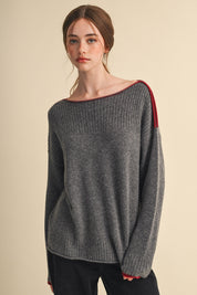 Edge Notes Contrast Trim Boat Neck Sweater in Charcoal Wine - product photo 3