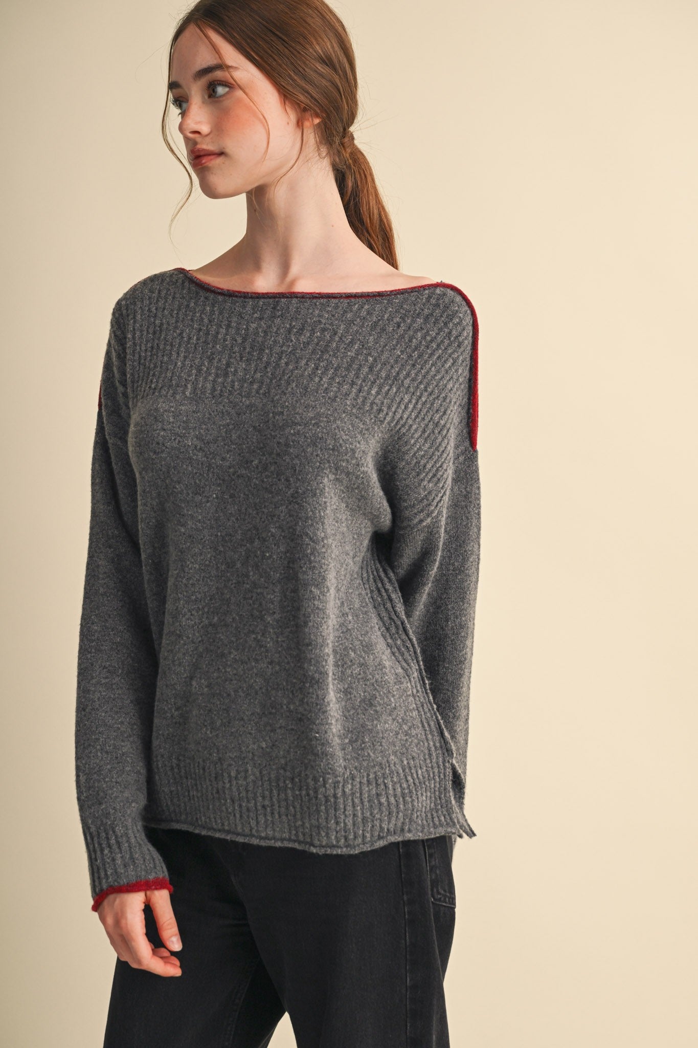 Edge Notes Contrast Trim Boat Neck Sweater in Charcoal Wine - product photo 4