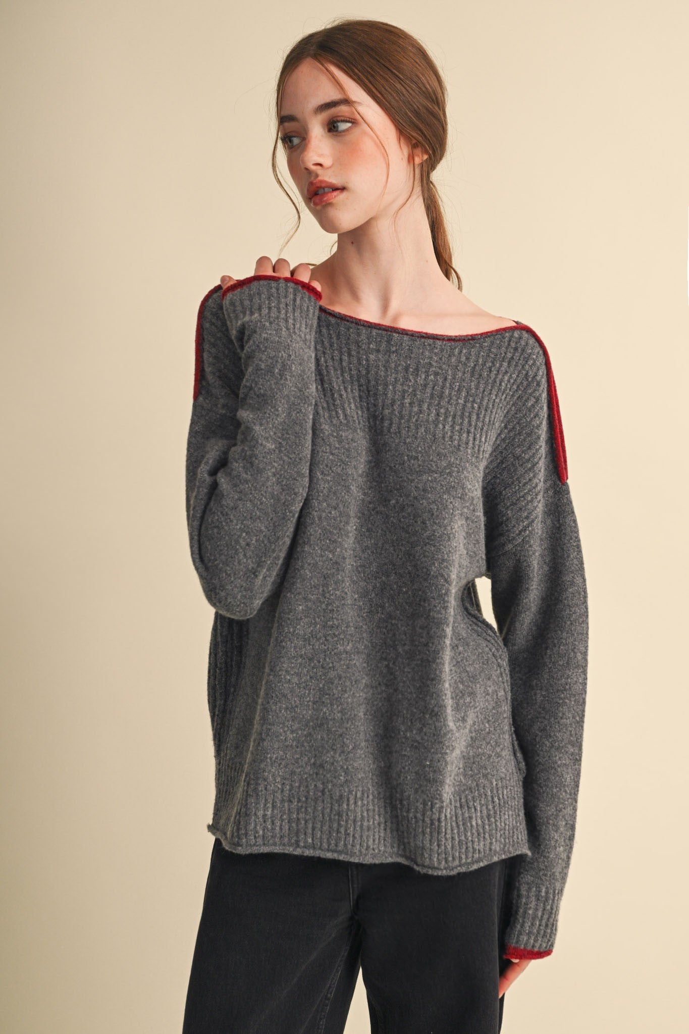 Edge Notes Contrast Trim Boat Neck Sweater in Charcoal Wine - product photo 5