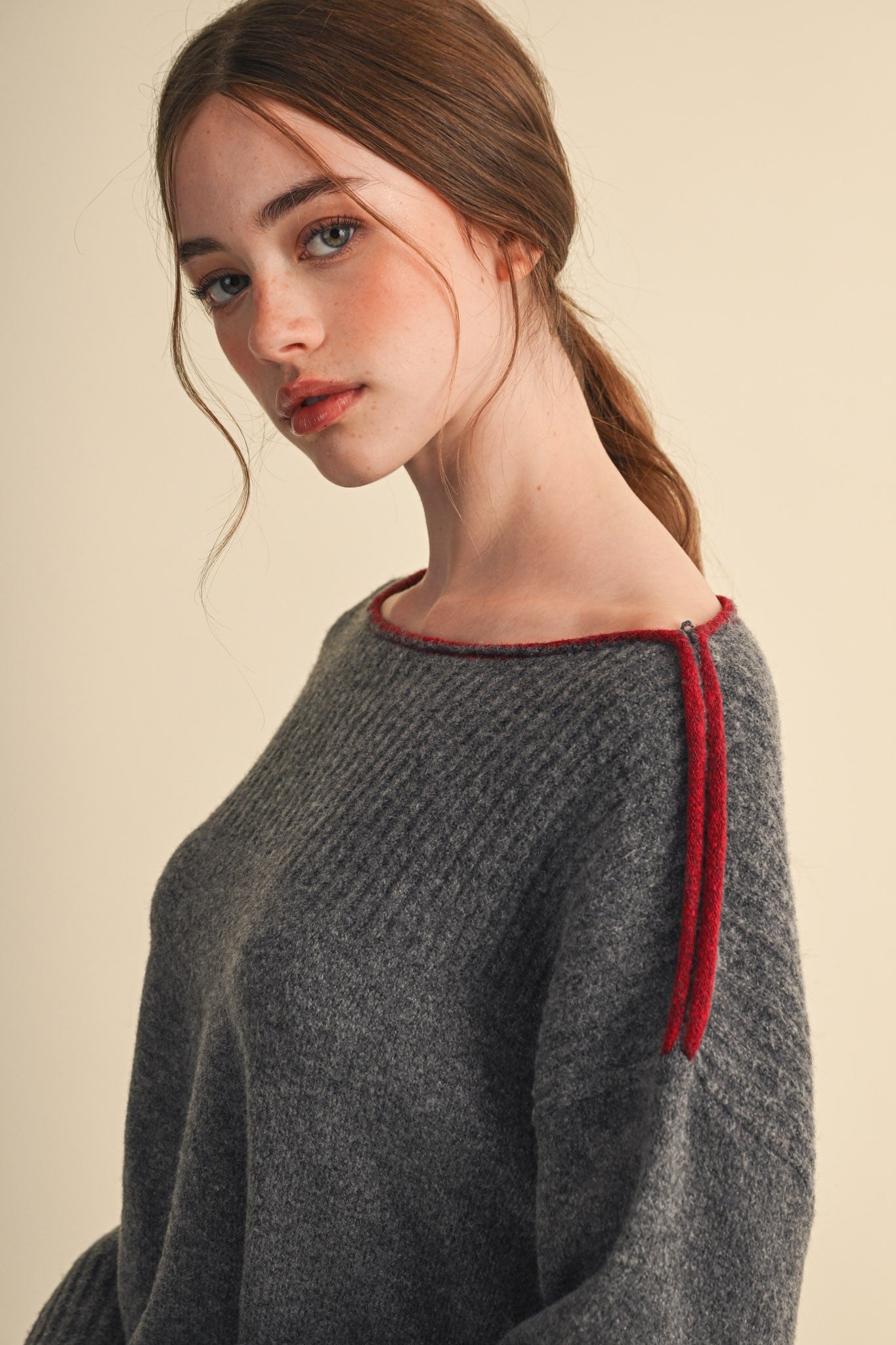 Edge Notes Contrast Trim Boat Neck Sweater in Charcoal Wine - product photo 6