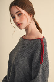 Edge Notes Contrast Trim Boat Neck Sweater in Charcoal Wine - product photo 6