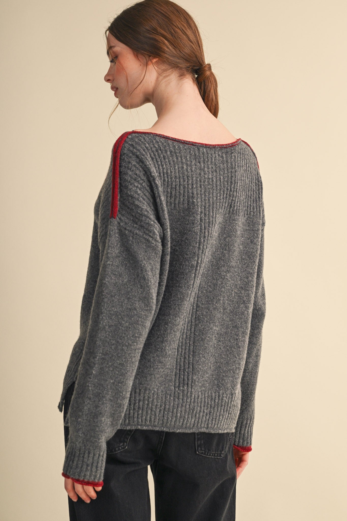 Edge Notes Contrast Trim Boat Neck Sweater in Charcoal Wine - product photo 7