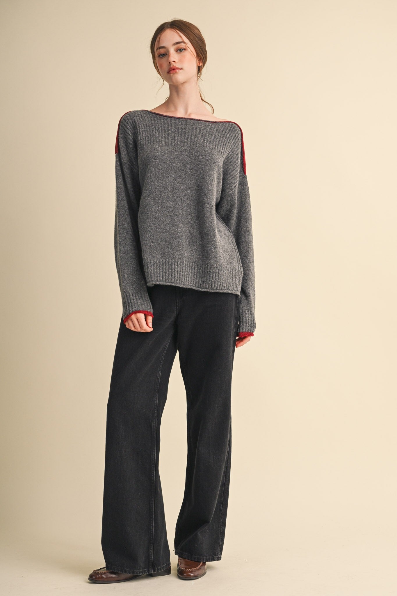 Edge Notes Contrast Trim Boat Neck Sweater in Charcoal Wine - product photo 8
