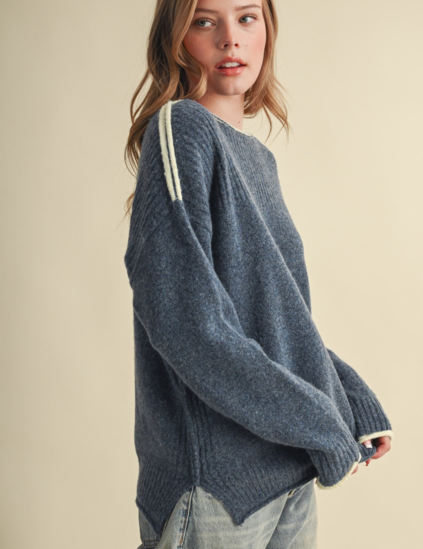 Edge Notes Contrast Trim Boat Neck Sweater in Denim Yellow - product photo 1