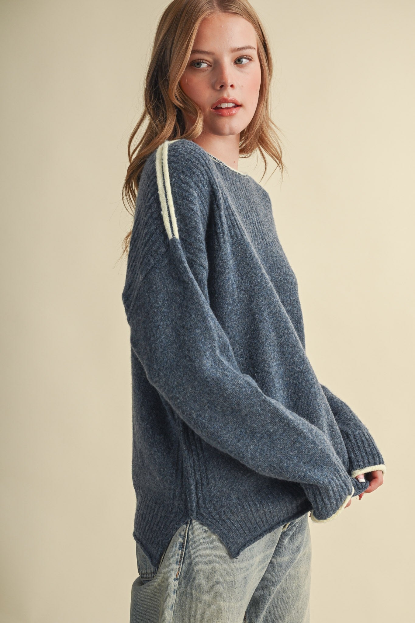 Edge Notes Contrast Trim Boat Neck Sweater in Denim Yellow - product photo 1
