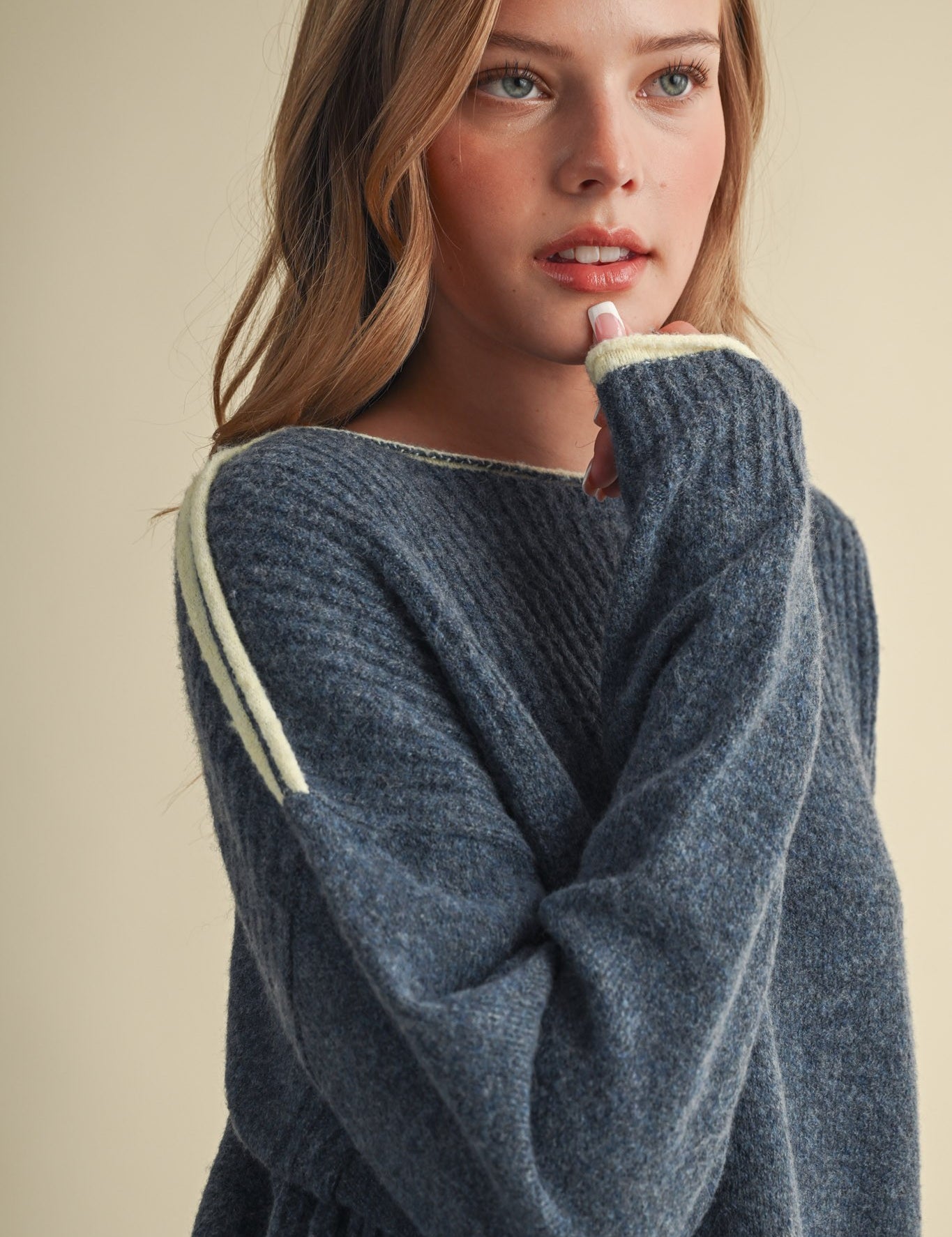 Edge Notes Contrast Trim Boat Neck Sweater in Denim Yellow - product photo 2