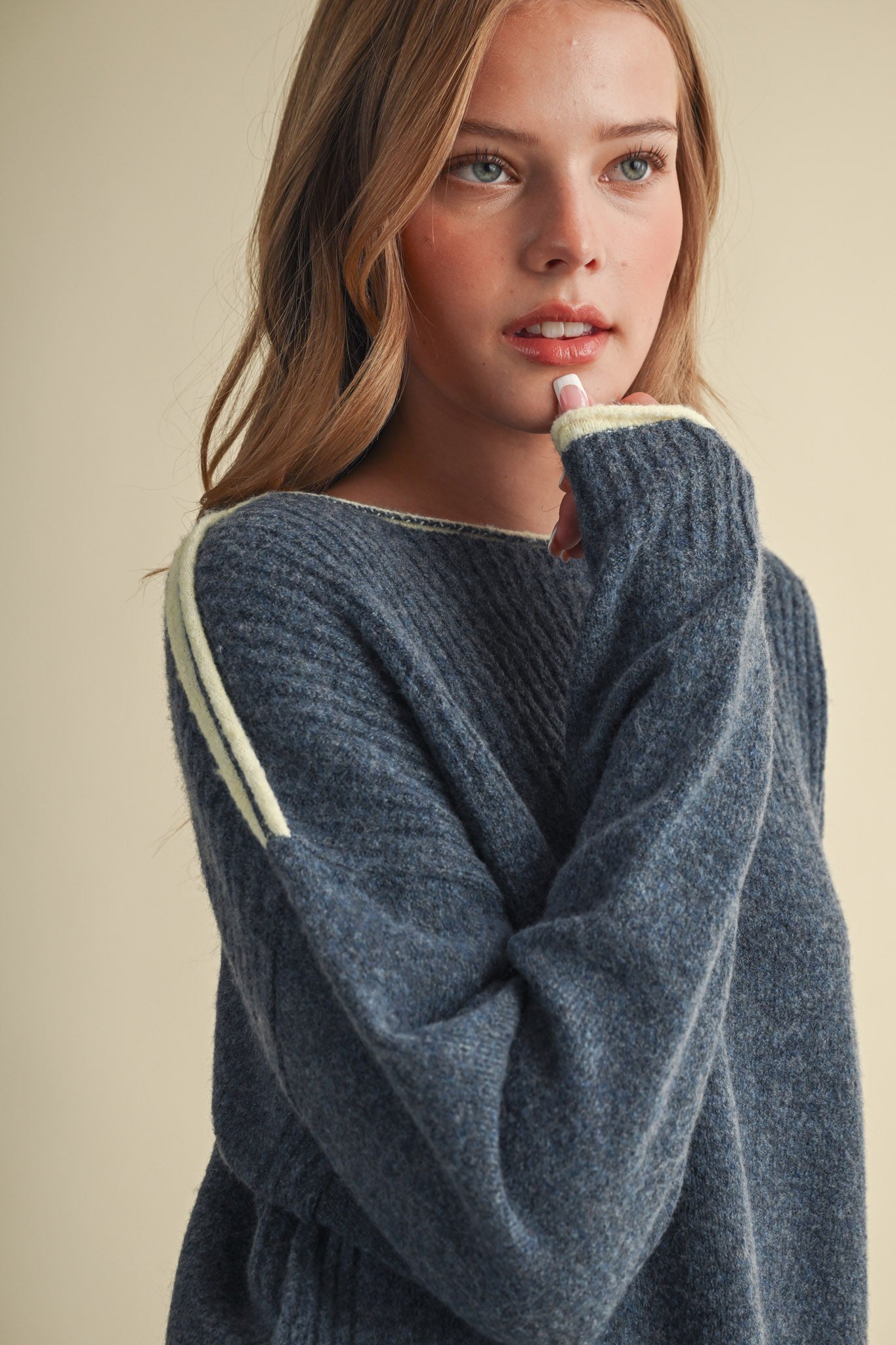 Edge Notes Contrast Trim Boat Neck Sweater in Denim Yellow - product photo 2