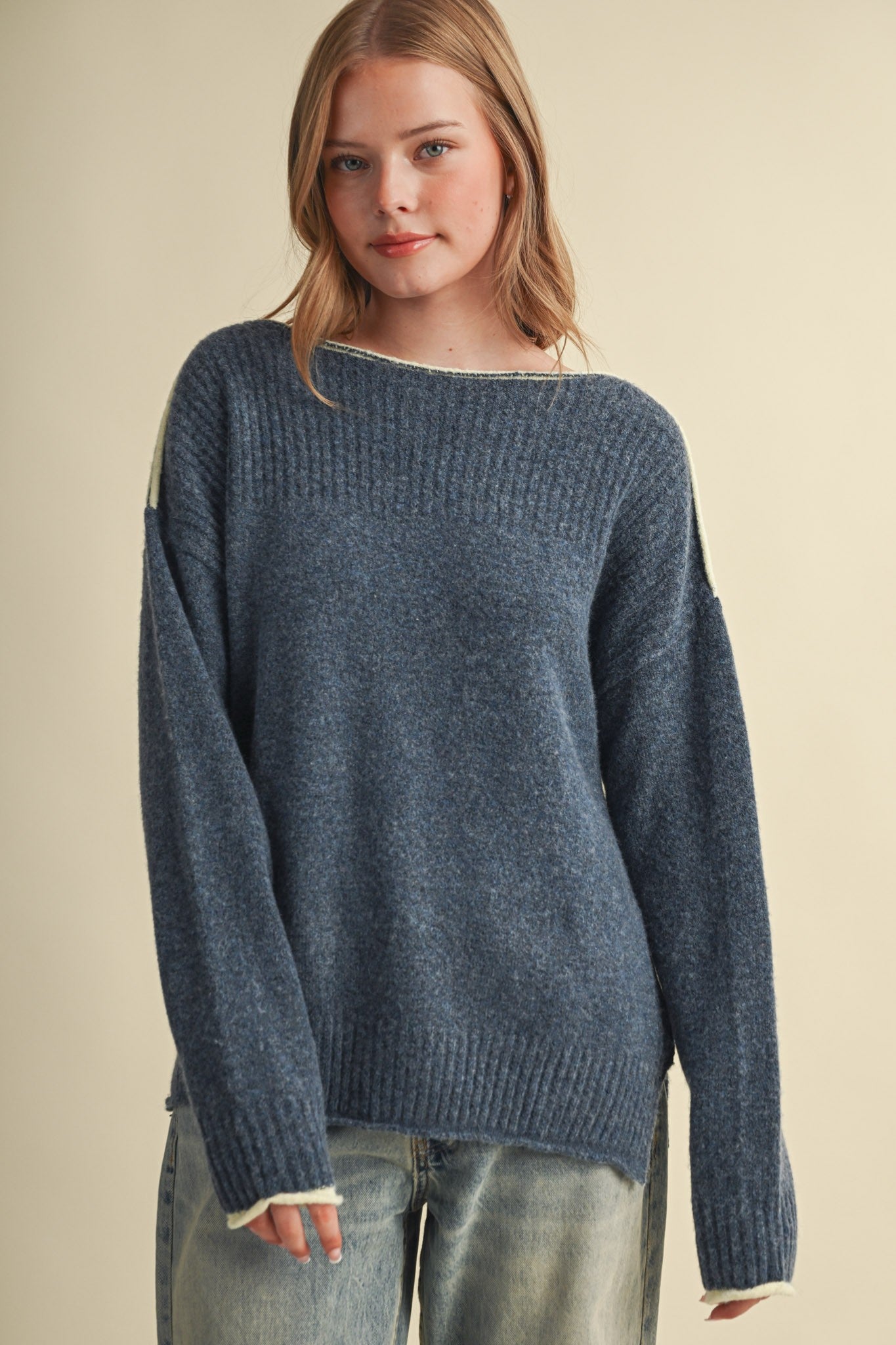 Edge Notes Contrast Trim Boat Neck Sweater in Denim Yellow - product photo 3