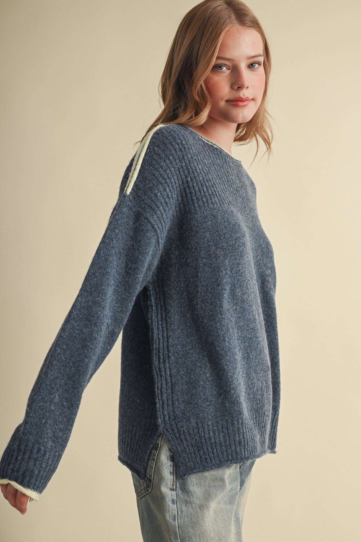 Edge Notes Contrast Trim Boat Neck Sweater in Denim Yellow - product photo 5