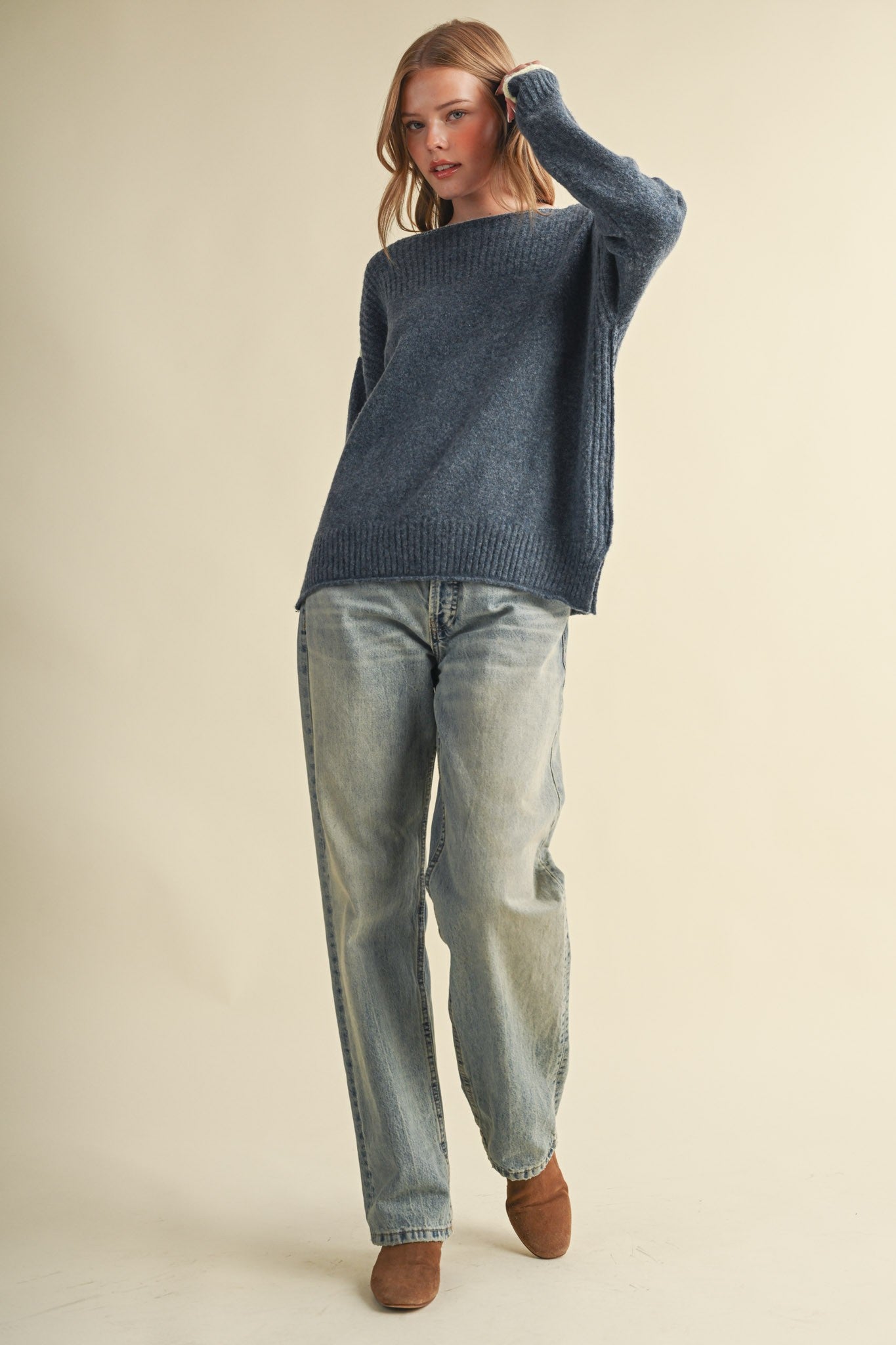 Edge Notes Contrast Trim Boat Neck Sweater in Denim Yellow - product photo 8