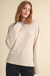 Edge Notes Contrast Trim Boat Neck Sweater in Ivory Blue - product photo 1