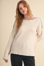 Edge Notes Contrast Trim Boat Neck Sweater in Ivory Blue - product photo 3