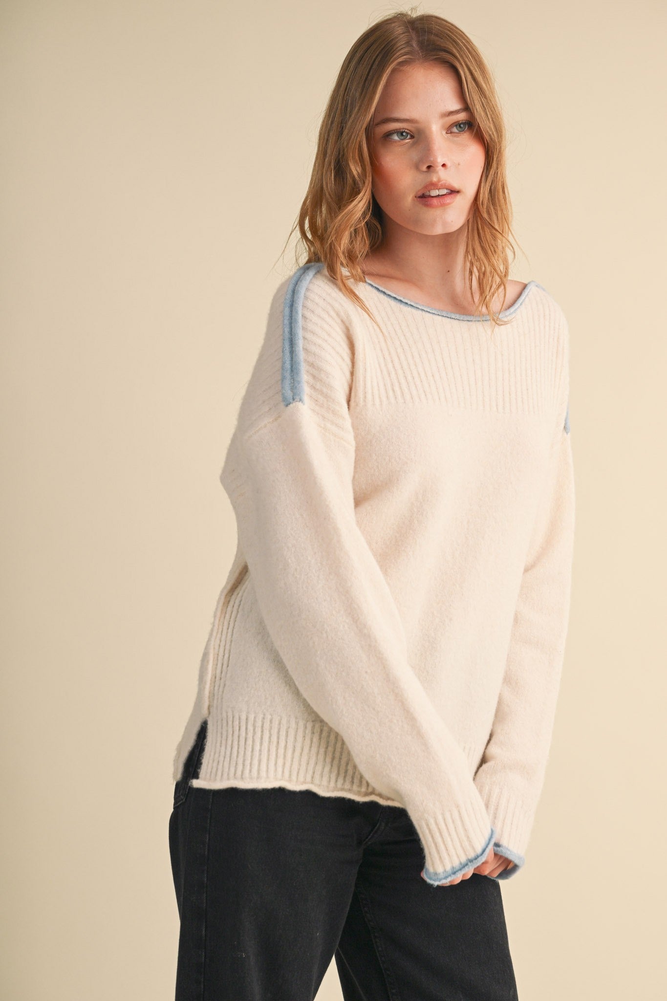 Edge Notes Contrast Trim Boat Neck Sweater in Ivory Blue - product photo 4