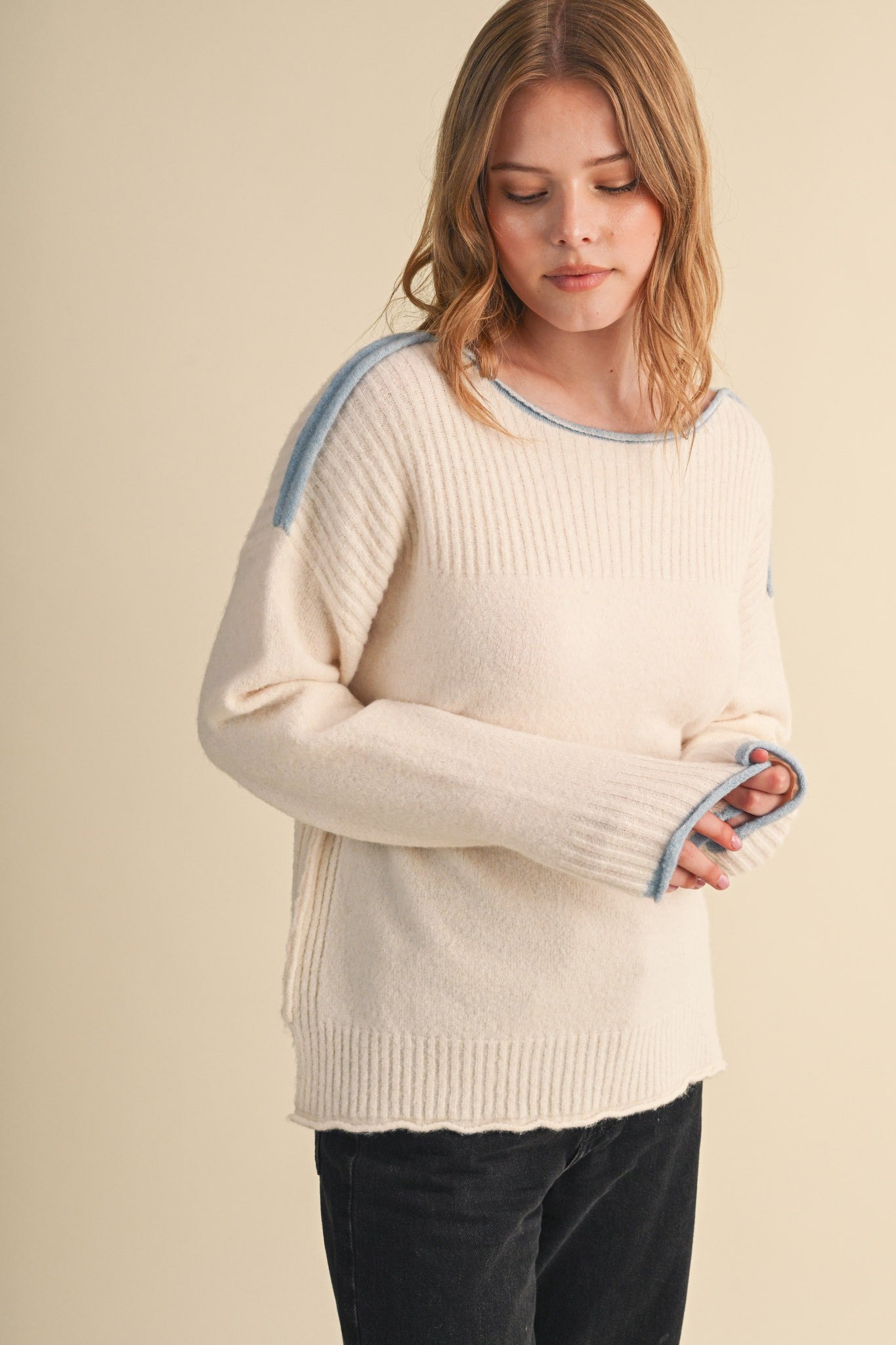 Edge Notes Contrast Trim Boat Neck Sweater in Ivory Blue - product photo 6