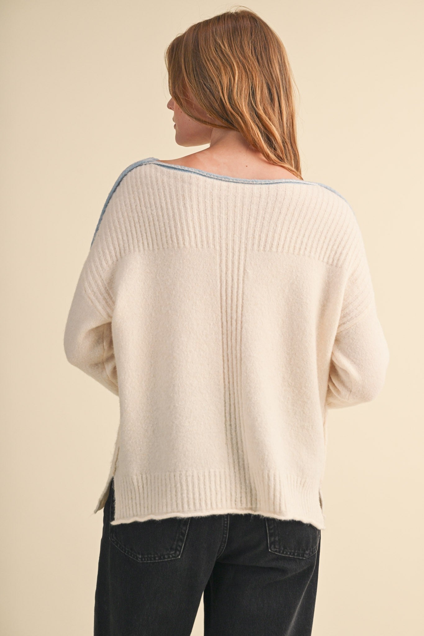 Edge Notes Contrast Trim Boat Neck Sweater in Ivory Blue - product photo 7