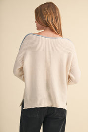 Edge Notes Contrast Trim Boat Neck Sweater in Ivory Blue - product photo 7