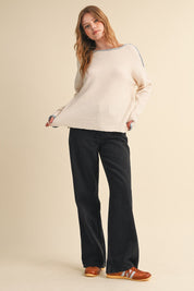 Edge Notes Contrast Trim Boat Neck Sweater in Ivory Blue - product photo 8