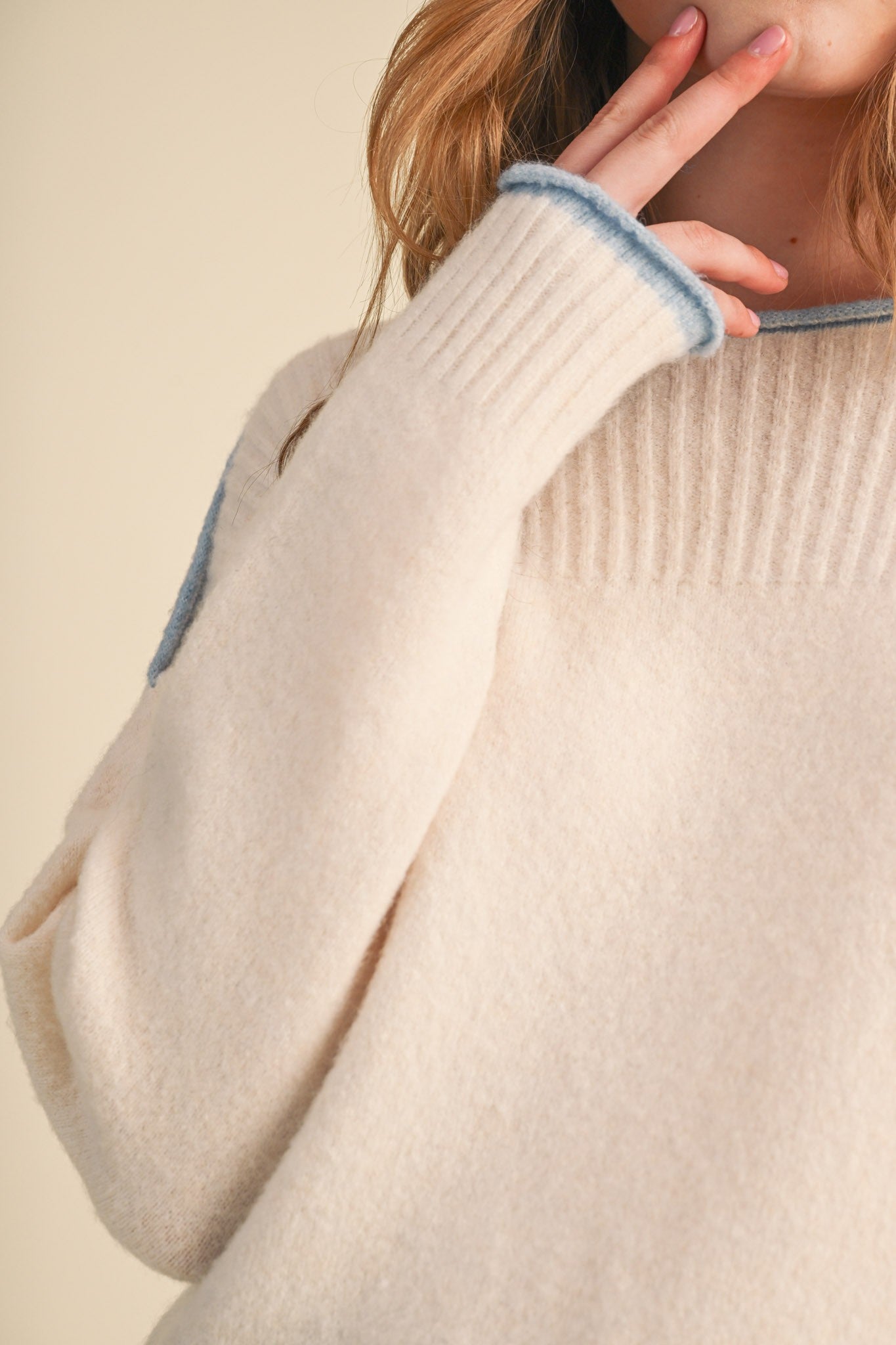 Edge Notes Contrast Trim Boat Neck Sweater in Ivory Blue - product photo 9