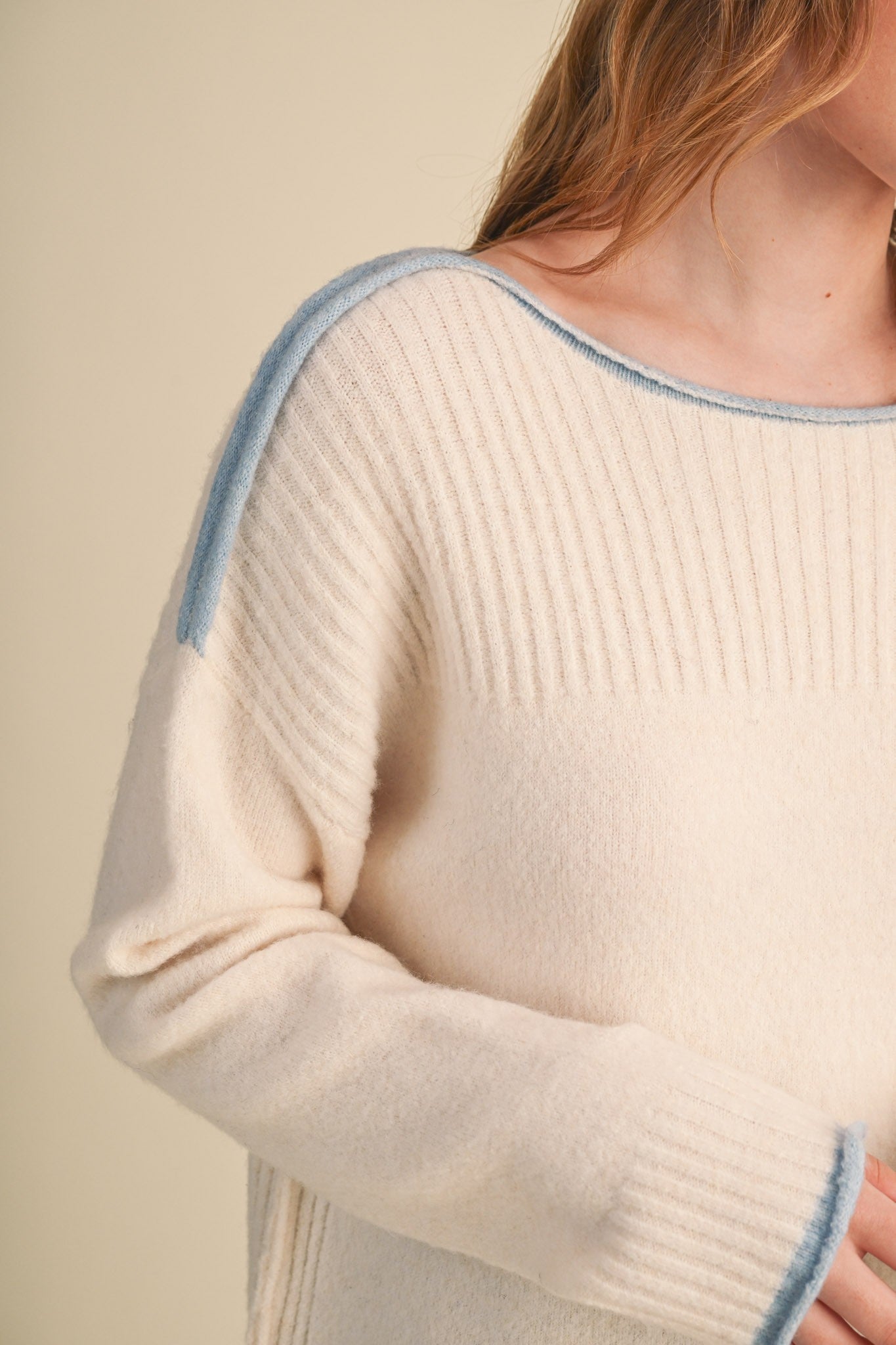Edge Notes Contrast Trim Boat Neck Sweater in Ivory Blue - product photo 10