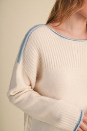 Edge Notes Contrast Trim Boat Neck Sweater in Ivory Blue - product photo 10