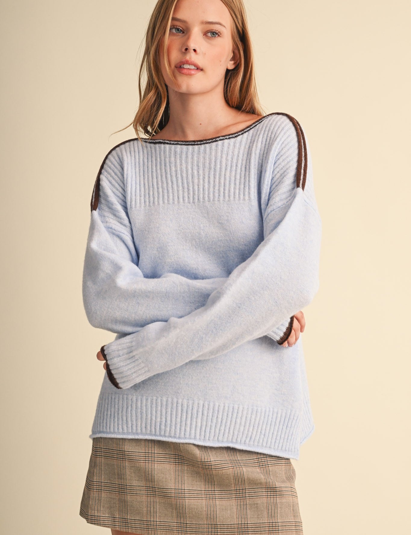 Edge Notes Contrast Trim Boat Neck Sweater in Powder Blue Brown - product photo 1